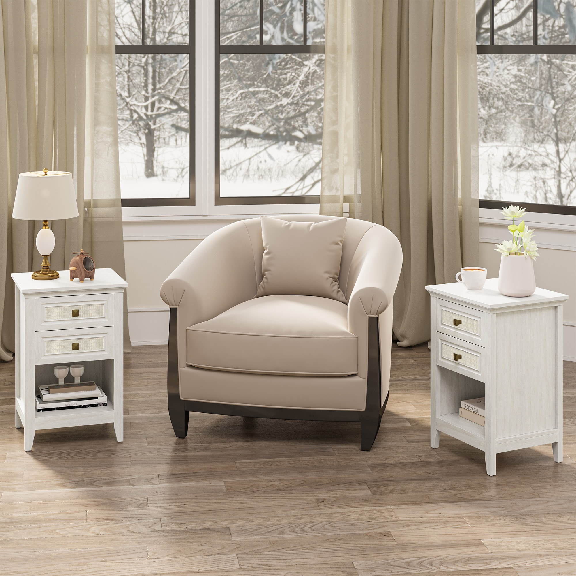 Grayish White Rattan Nightstand With Drawer Set Of 2, Boho 27" Tall Bedside Table With Storage For Small Space, Living Room Wood Accent End Table Bedroom Furniture, Couch Coffee Table_voghion.com